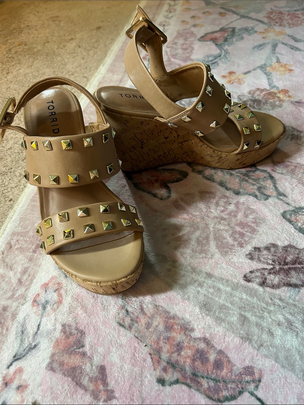 torrid Tan Cork Wedge Sandals with Gold Pyramid Studs